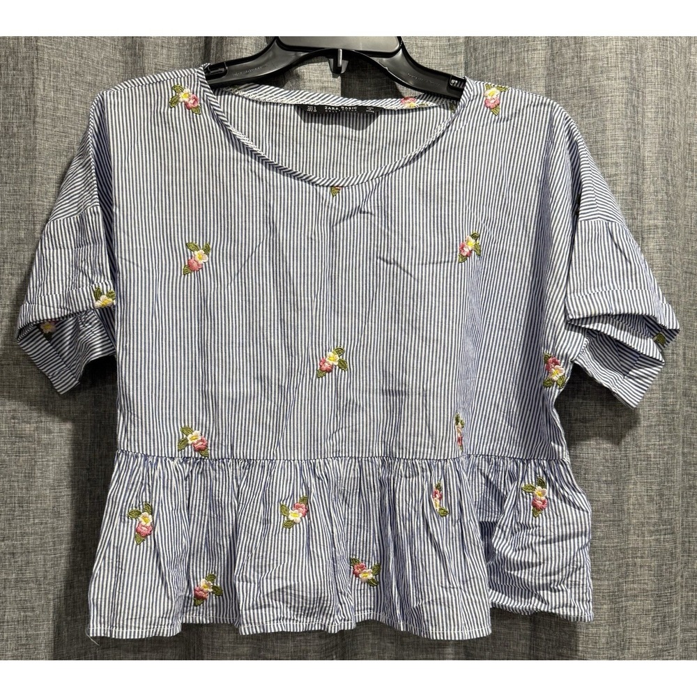 Zara Striped Embroidered Flower Ruffle Hem Shirt Size Small